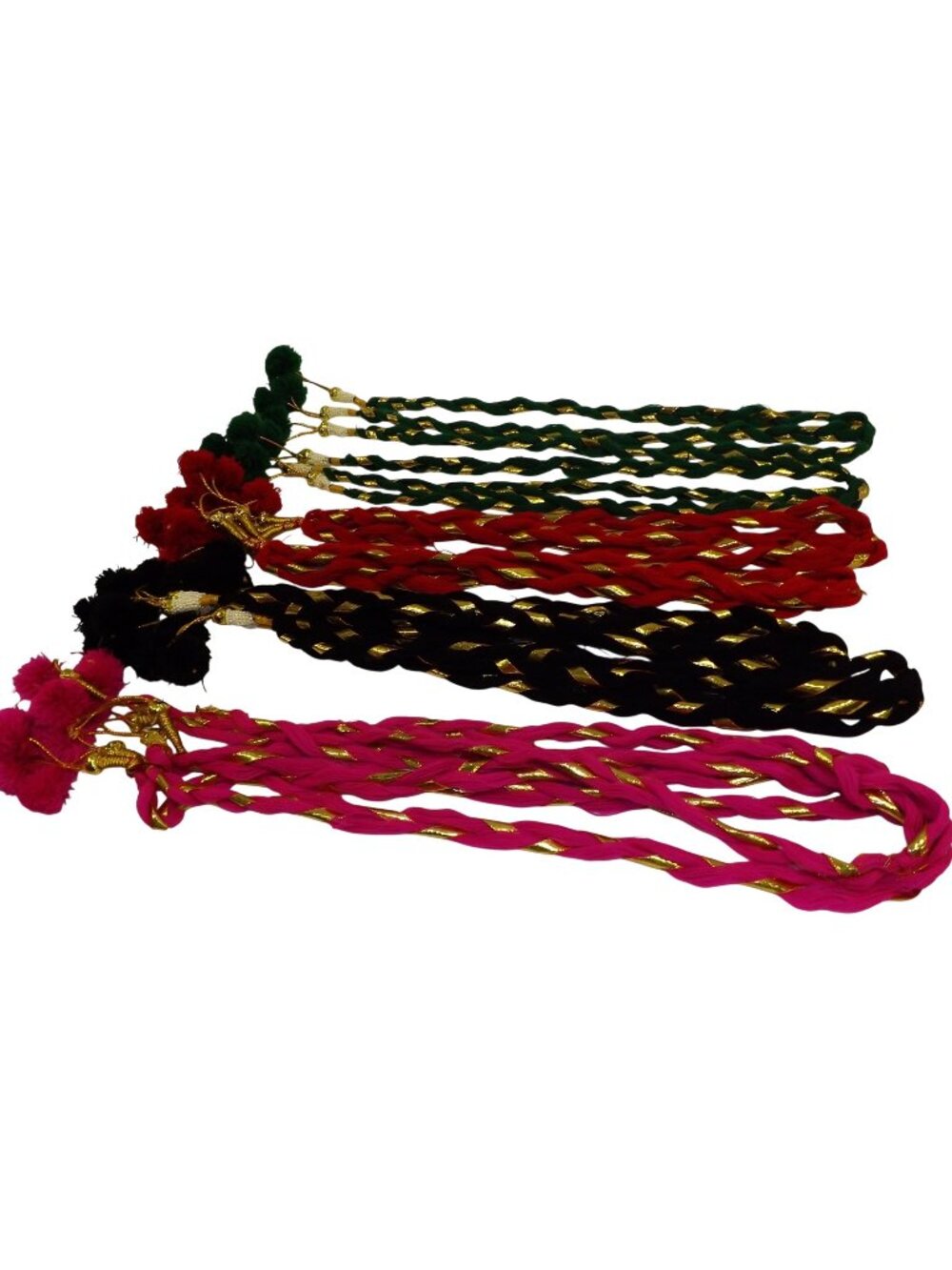 Braided Hair Accessories Gold Trim Pom Poms Set Of 4 Triple String 26" Long